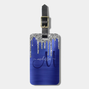 Girly Blue Dripping Glitzer Brush Metal Monogram Gepäckanhänger