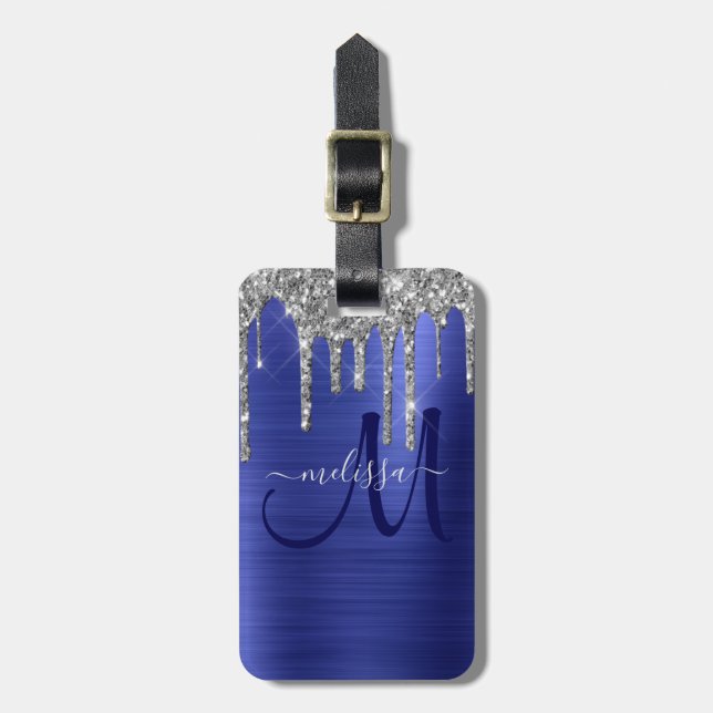 Girly Blue Dripping Glitzer Brush Metal Monogram Gepäckanhänger (Vorderseite vertikal)