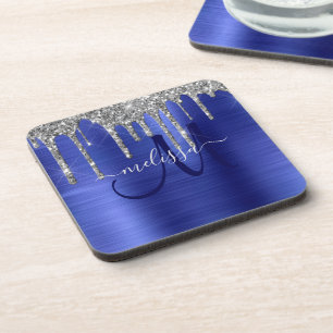 Girly Blue Dripping Glitzer Brush Metal Monogram Getränkeuntersetzer