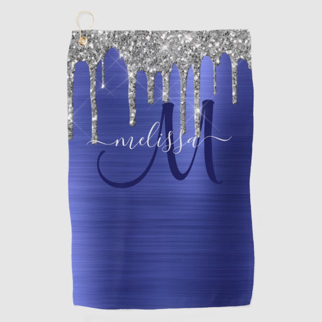 Girly Blue Dripping Glitzer Brush Metal Monogram Golfhandtuch (Vorderseite)