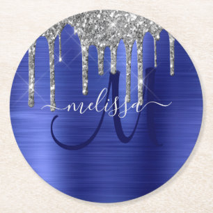 Girly Blue Dripping Glitzer Brush Metal Monogram Runder Pappuntersetzer