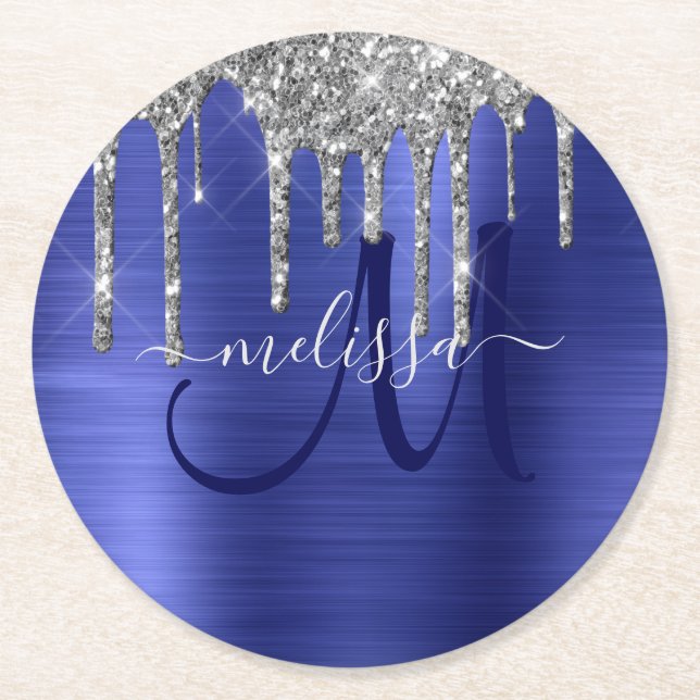 Girly Blue Dripping Glitzer Brush Metal Monogram Runder Pappuntersetzer (Vorderseite)