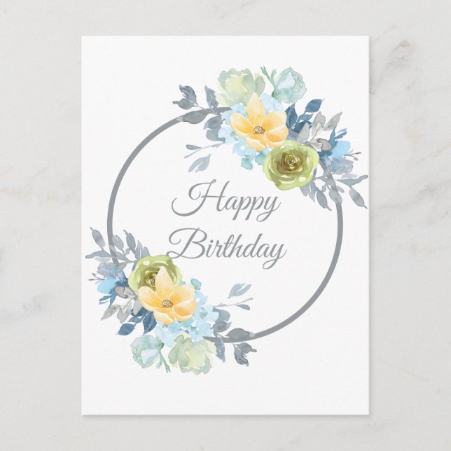 Girly Blue Floral Wreath Postkarte (Vorderseite)