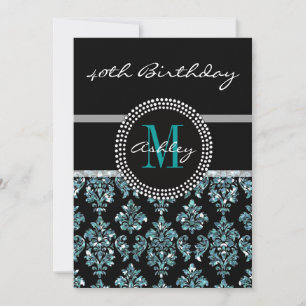 Girly Blue Glitzer Black Damask 40. Geburtstag Einladung