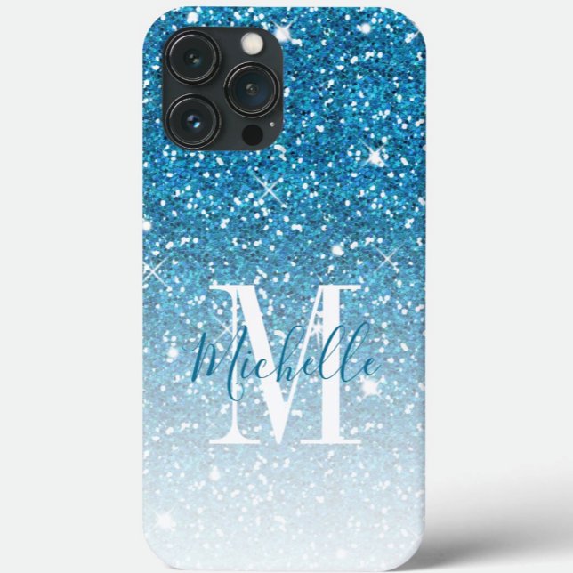Girly Blue Glitzer Glitzern Monogram Script Name Case-Mate iPhone Hülle (Von Creator hochgeladen)