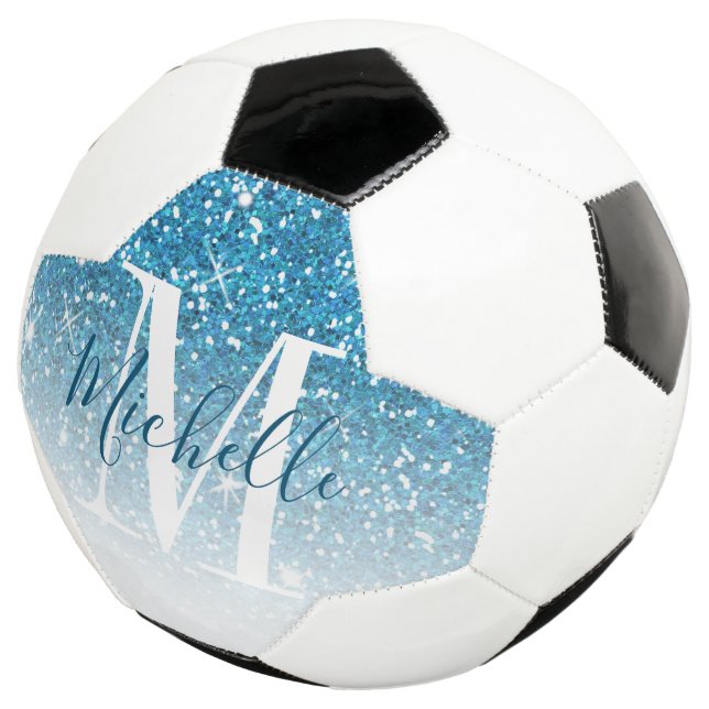 Girly Blue Glitzer Glitzern Monogram Script Name Fußball (Dreiviertel)