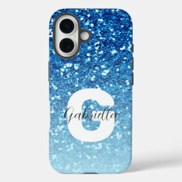 Girly Blue Glitzer Glitzern Monogram Script Name iPhone 16 Hülle