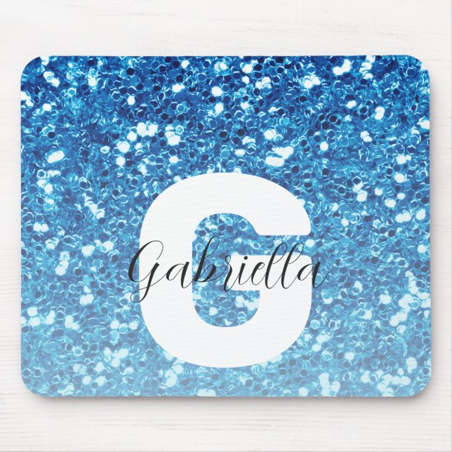 Girly Blue Glitzer Glitzern Monogram Script Name Mousepad (Vorne)