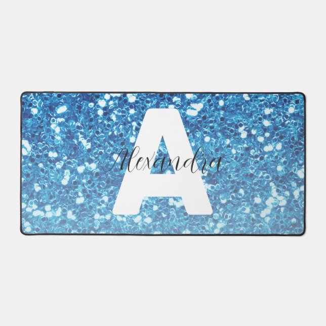 Girly Blue Glitzer Glitzern Monogram Script Name Schreibtischunterlage (Vorderseite)
