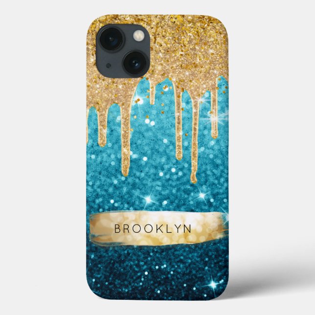 Girly Blue Glitzer Gold Tropfen Sparkle Glam Stars Case-Mate iPhone Hülle (Rückseite)