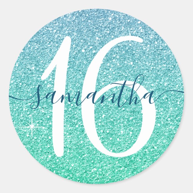 Girly Blue Green Imitats Glitzer Personalisiert 16 Runder Aufkleber (Vorderseite)