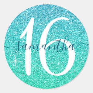 Girly Blue Green Imitats Glitzer Personalisiert 16 Runder Aufkleber