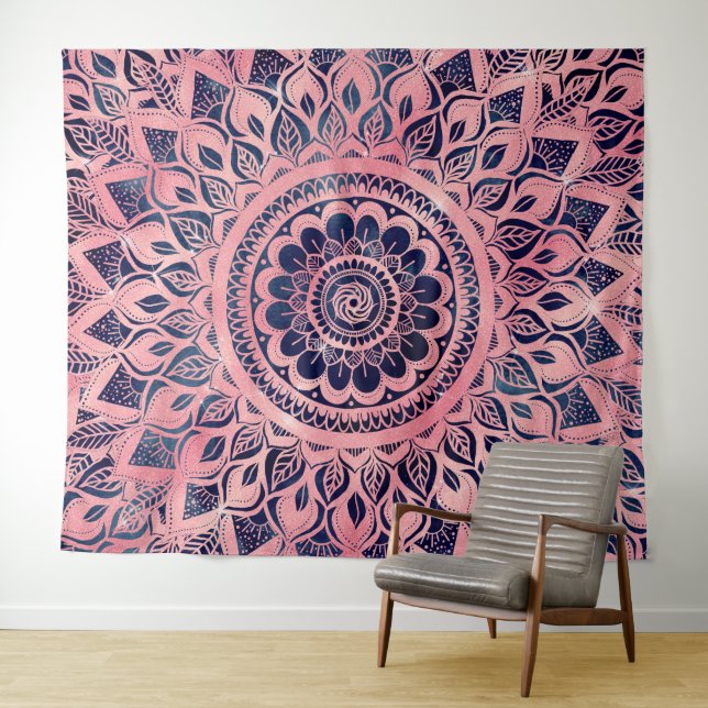 Girly Blue Pink Mandala Floral Wandteppich (Beispiel (Horizontal))