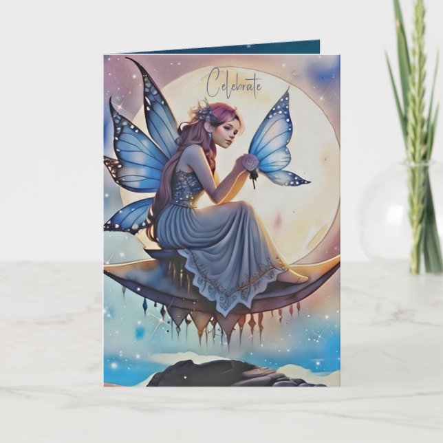 Girly Blue Watercolor Fairy Birthday Card Karte (Vorderseite)