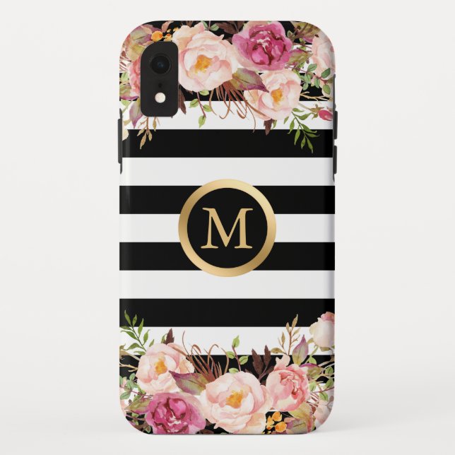 Girly Blumengoldmonogramm-Schwarz-weiße Streifen Case-Mate iPhone Hülle (Rückseite)