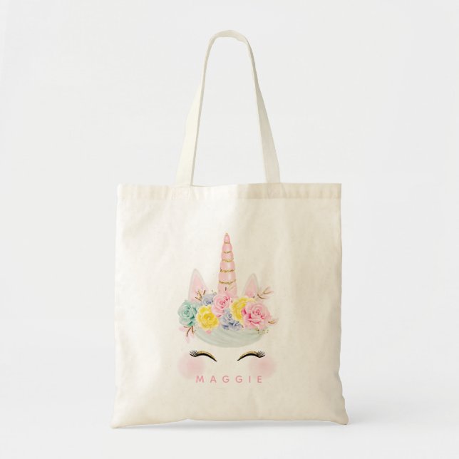 Girly Blumenunicorn-Rosa-Gold personalisiert Tragetasche (Vorne)
