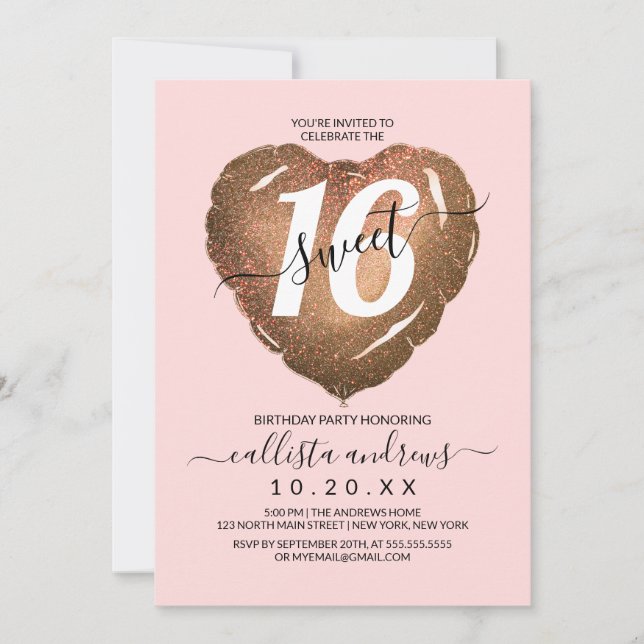Girly Blush Gold Glitzer Herzballon Sweet 16 Einladung (Vorderseite)