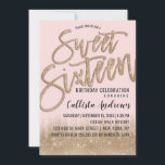 Girly Blush Gold Glitzer Typografie Sweet 16 Einladung<br><div class="desc">Dieses moderne und mädchenhafte Sweet 16 lädt das elegante und trendige Geburtstagsmädchen zum Entspannen ein. Es zeichnet sich durch ein hübsches und glamouröses Imitat gedruckt glänzenden Glitzer-Sequin Gold und rot rosa ombre Farbverlauf. Es zeigt auch den funkelnd goldenen Glitzer "16 . Geburtstag" Pinseltypografie. Das elegante und stilvolle Design-Thema wird die...</div>