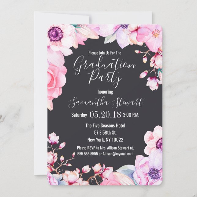 Girly Blush Pink Blume Black Graduation Party Einladung (Vorderseite)