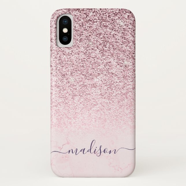 Girly Blush Pink Glitzer Marmorskriptname Case-Mate iPhone Hülle (Rückseite)