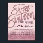 Girly Blush Pink Glitzer Typografie Sweet 16 Einladung<br><div class="desc">Dieses moderne und mädchenhafte Sweet 16 lädt das elegante und trendige Geburtstagsmädchen zum Entspannen ein. Es zeichnet sich durch ein hübsches und glamouröses Imitat gedruckt rosa funkelnden Glitzer-Sequin und rot rosa ombre Farbverlauf. Es zeigt auch rosa funkelnd Glitzer, "16 . Geburtstag" Pinseltypografie. Das elegante und stilvolle Design-Thema wird die Gäste...</div>