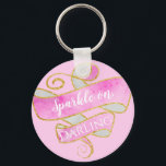 Girly Blush Pink Gold Glitter Sparkle On, Darling Schlüsselanhänger<br><div class="desc">Girly and pretty blush pink keychain featuring the inspiring quote "Sparkle on,  Darling" in an elegant white script,  with a pink ribbon banner background and a gold glitter sparkles outline.</div>
