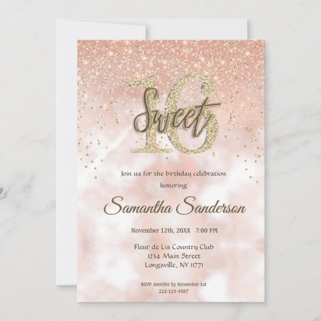 Girly Blush Pink Gold Glitzer Sparkle Sweet 16 Einladung (Vorderseite)