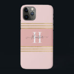 Girly Blush Pink Gold Monogram Strip Case-Mate iPhone Hülle<br><div class="desc">Schützen Sie Ihr Telefon mit diesem personalisierten mädchenhaften iPhone 11 Fall. Es hat grauen Text und ein weißes Monogramm Initial auf einem schönen, rot rosa Hintergrund. Passen Sie das Iphone-Cover mit dem Namen und dem Initial Ihrer Wahl an, damit sich jemand ganz besonders fühlt. Macht ein lustiges Geschenk zum Geburtstag,...</div>