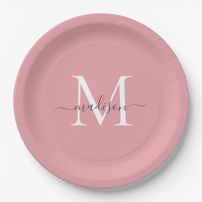 Girly Blush Pink Grau Monogram Elegantes Skript Na Pappteller (Vorderseite)