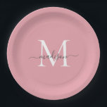 Girly Blush Pink Gray Monogram Eleganter Script Na Pappteller<br><div class="desc">Einfache, moderne, rosa, graue Monogramm Feminine Script Name Paper Plate</div>