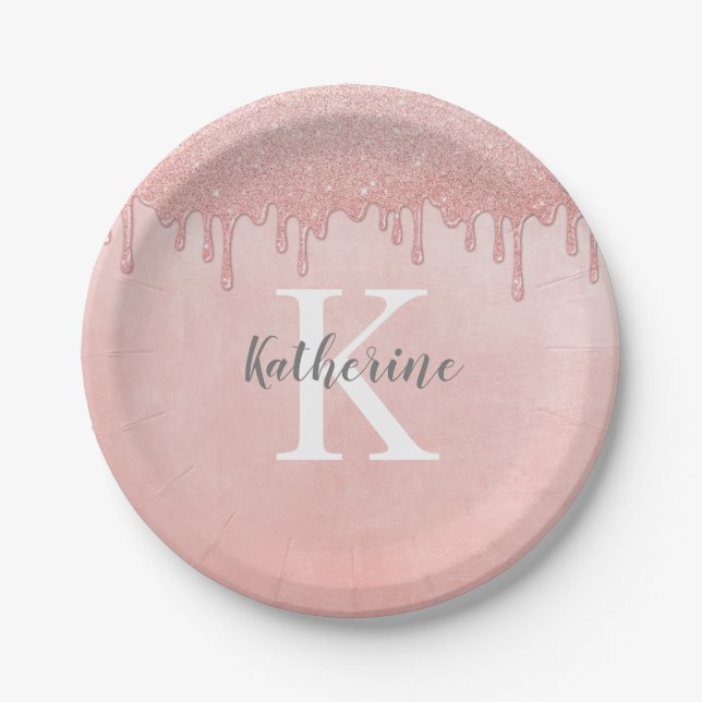 Girly Blush Pink Monogram Drilling Glitzer Pappteller (Vorderseite)