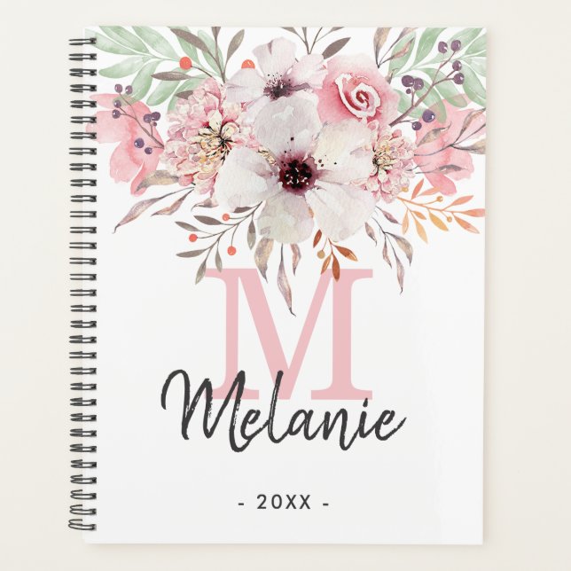 Girly Blush Pink Monogram Floral 2024 Planner (Devant)
