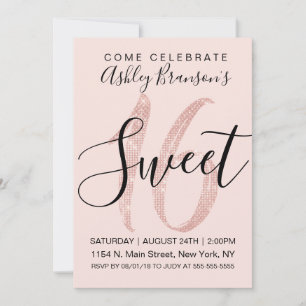 Girly Blush Pink Rose Gold Sequin Glitzer Sweet 16 Einladung