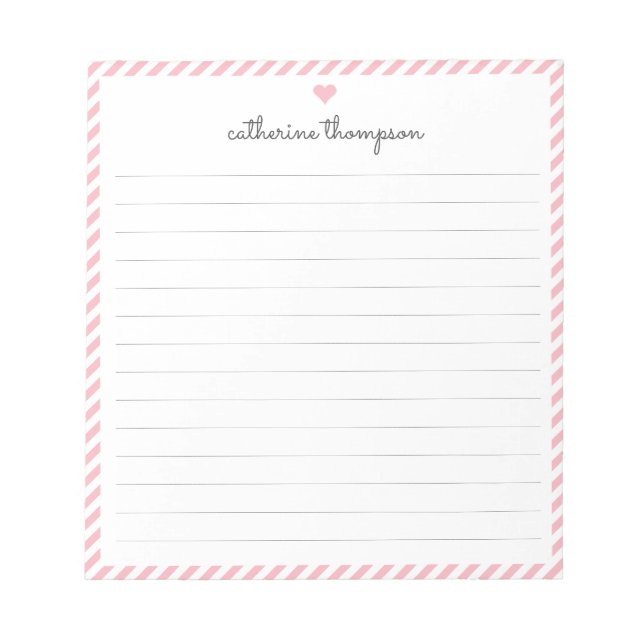 Girly Blush Pink Stripe Feminine Herzname Notizblock (Vorderseite)