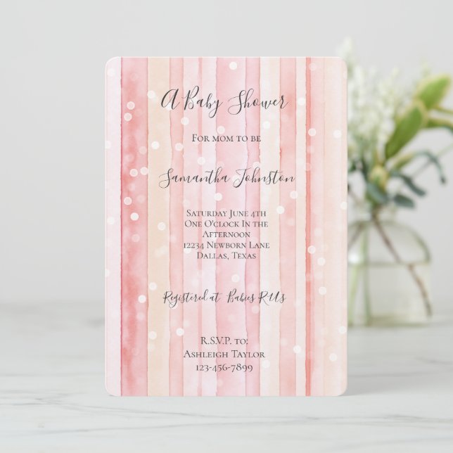 Girly Blush Pink Stripes White Dots Baby Shower Einladung (Stehend Vorderseite)