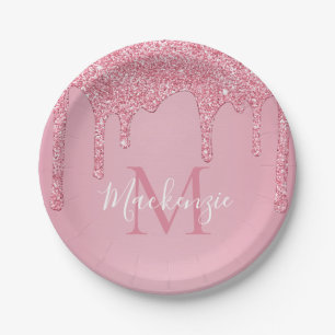 Girly Blush Rosa Glitter-Tropf Monogramm Geburtsta Pappteller