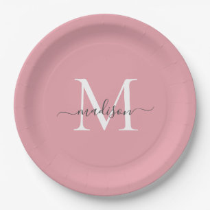 Girly Blush Rosa Graue Monogram Elegante Schrift N Pappteller