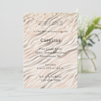 Girly Blush Zebra Gold Confetti Sparkle Birthday Einladung