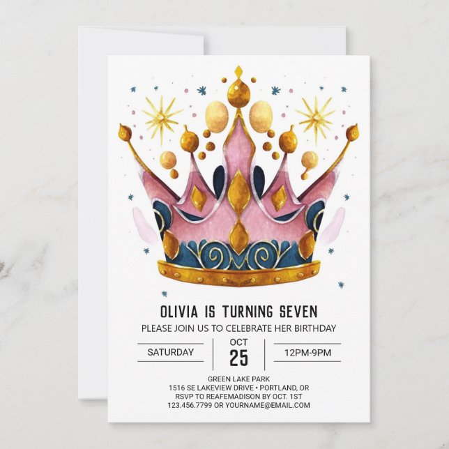Girly Bohemisch Princess Crown Geburtstag Einladung (Vorderseite)