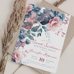 Girly Boho Blue Floral Sweet 16 Geburtstag Party Einladung