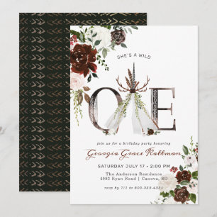 Girly Boho Floral Antler Tribal Wild One Birthday Einladung