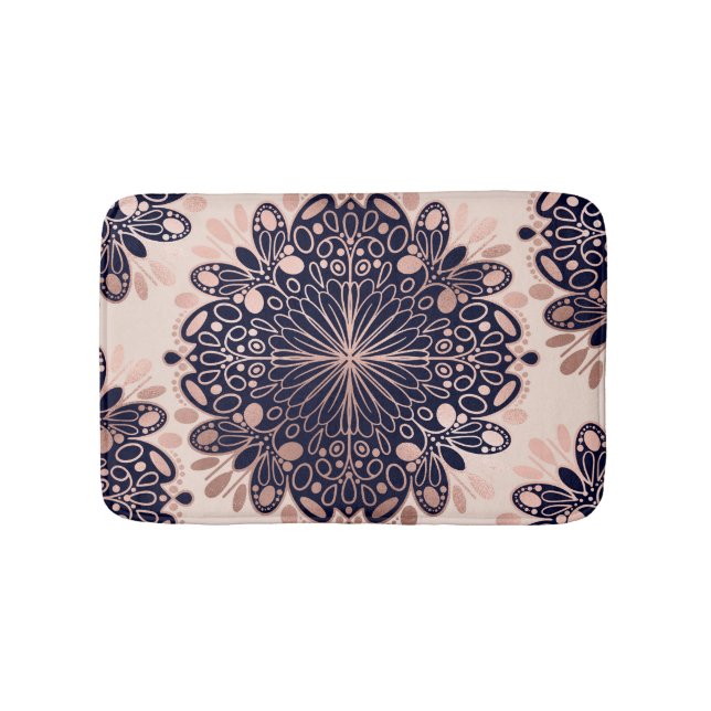 Girly Boho Rose Gold Blush Pink Navy Mandalas Badematte (Vorderseite)