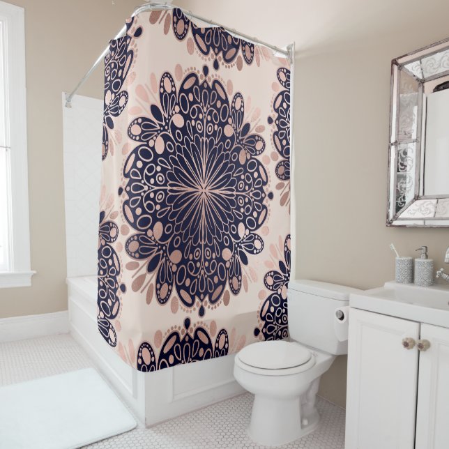 Girly Boho Rose Gold Blush Pink Navy Mandalas Duschvorhang (Beispiel)