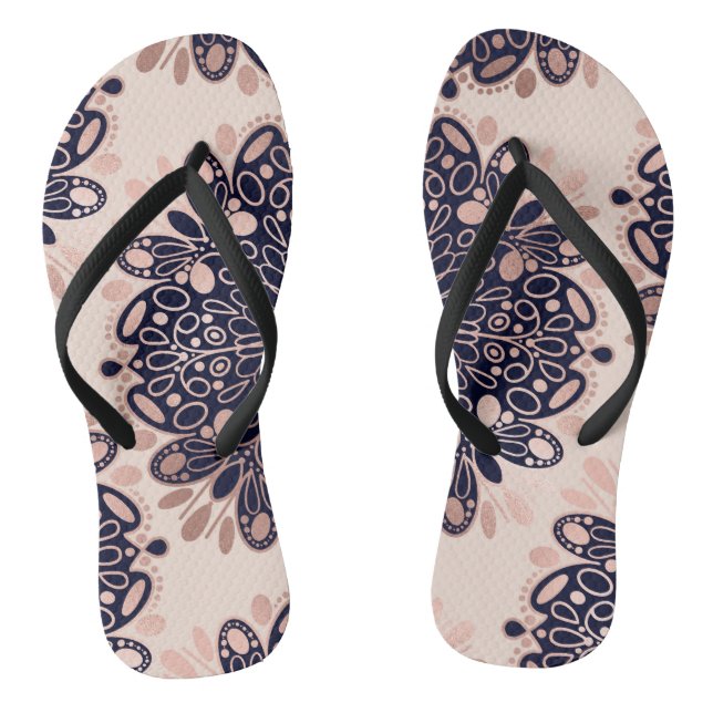 Girly Boho Rose Gold Blush Pink Navy Mandalas Flip Flops (Fußbett)