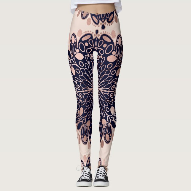 Girly Boho Rose Gold Blush Pink Navy Mandalas Leggings (Vorderseite)