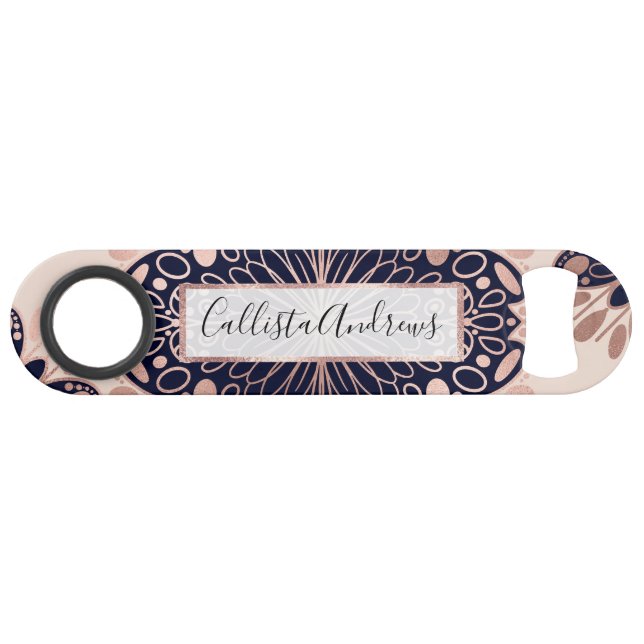 Girly Boho Rose Gold Blush Pink Navy Mandalas Speed Flaschenöffner (Vorderseite (Horizontal))