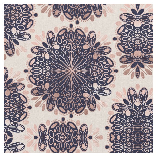 Girly Boho Rose Gold Blush Pink Navy Mandalas Stoff (Nahaufnahme)