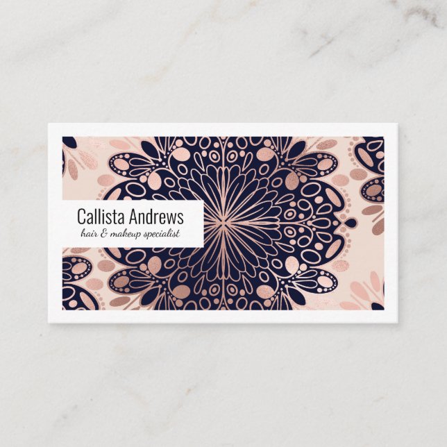 Girly Boho Rose Gold Blush Pink Navy Mandalas Visitenkarte (Vorderseite)