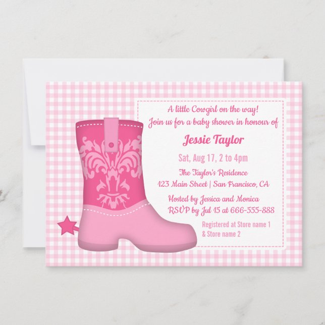 Girly Boot Western Thema Kinderdusche Einladungen (Vorderseite)