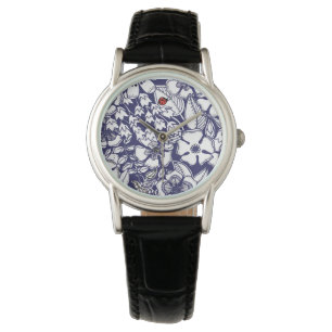 Girly Botanical Shalom Blue White Garden Zeichnend Armbanduhr